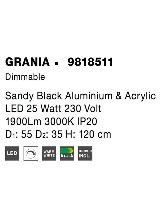 GRANIA Dimmable Sandy Black Aluminium & Acrylic LED 25 Watt 230 Volt 1900Lm 3000K IP20 D1: 55 D2: 35 H: 120 cm