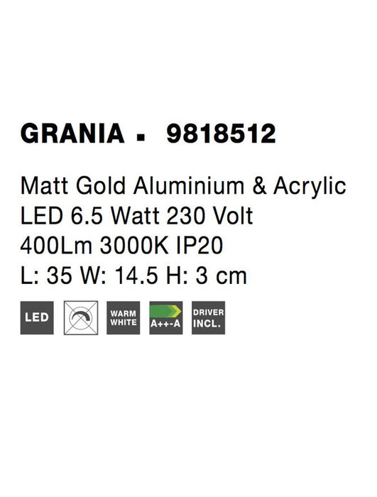 GRANIA Matt Gold Aluminium & Acrylic LED 6.5 Watt 230 Volt 400Lm 3000K IP20 L: 35 W: 14.5 H: 3 cm