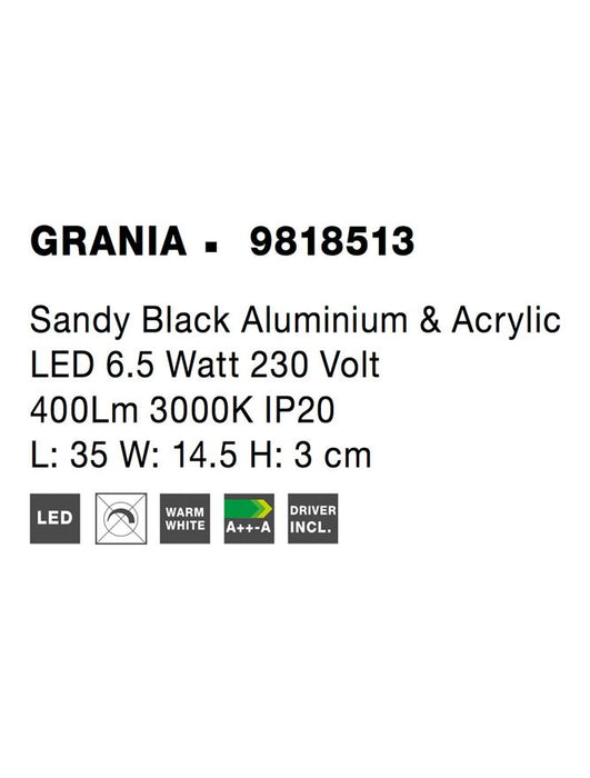GRANIA Sandy Black Aluminium & Acrylic LED 6.5 Watt 230 Volt 400Lm 3000K IP20 L: 35 W: 14.5 H: 3 cm