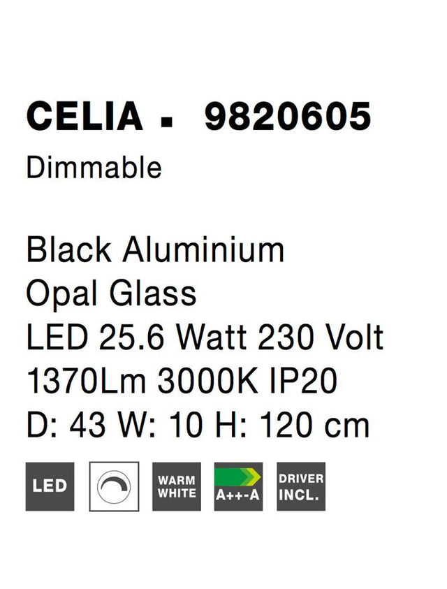 CELIA Dimmable Satin Gold Aluminium Opal Glass LED 25.6 Watt 230 Volt 1370Lm 3000K IP20 D: 43 W: 10 H: 120 cm