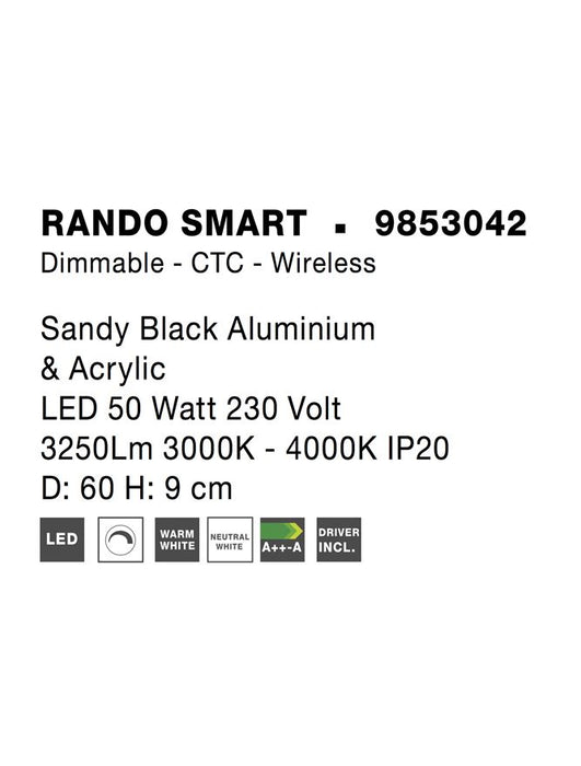 RANDO SMART Sandy Black Aluminium & Acrylic LED 50 Watt 230 Volt 3250Lm 3000K - 4000K IP20 D: 60 H: 9 cm