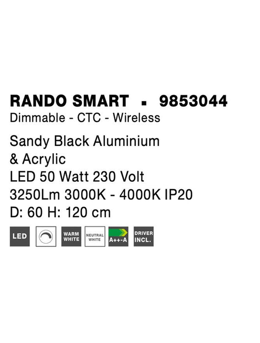 RANDO SMART Sandy Black Aluminium & Acrylic LED 50 Watt 230 Volt 3250Lm 3000K - 4000K IP20 D: 60 H: 120 cm