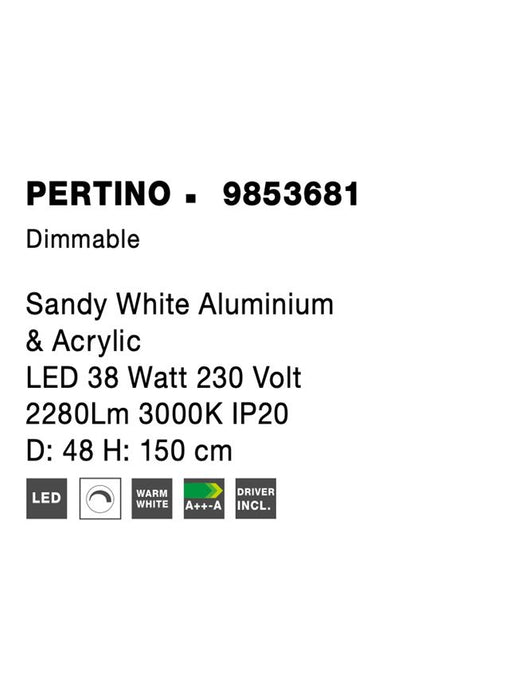 PERTINO Dimmable Sandy White Aluminium & Acrylic LED 38 Watt 230 Volt 2280Lm 3000K IP20 D: 48 H: 150 cm