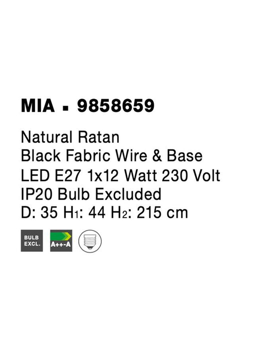 MIA Natural Ratan Black Fabric Wire & Base LED E27 1x12 Watt 230 Volt IP20 Bulb Excluded D: 35 H1: 44 H2: 215 cm