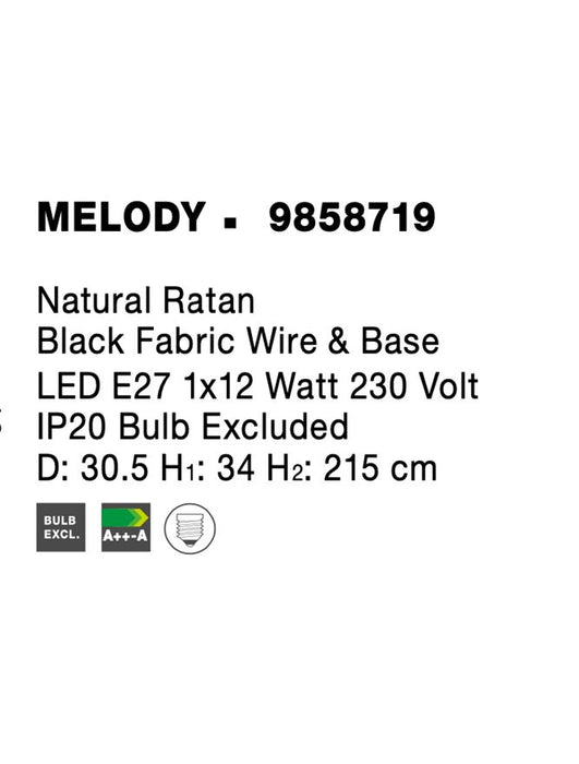MELODY Natural Ratan Black Fabric Wire & Base LED E27 1x12 Watt 230 Volt IP20 Bulb Excluded D: 30.5 H1: 34 H2: 215 cm