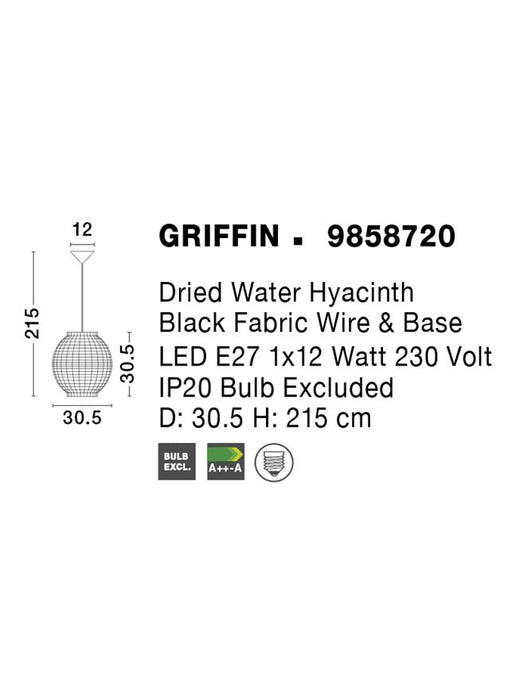 GRIFFIN Dried Water Hyacinth Black Fabric Wire & Base LED E27 1x12 Watt 230 Volt IP20 Bulb Excluded D: 30.5 H: 215 cm