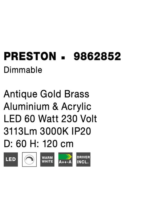 PRESTON Antique Gold Brass Aluminium & Acrylic LED 60 Watt 230 Volt 3113Lm 3000K IP20 D: 60 H: 120 cm