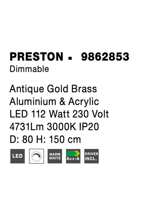 PRESTON Antique Gold Brass Aluminium & Acrylic LED 112 Watt 230 Volt 4731Lm 3000K IP20 D: 80 H: 150 cm