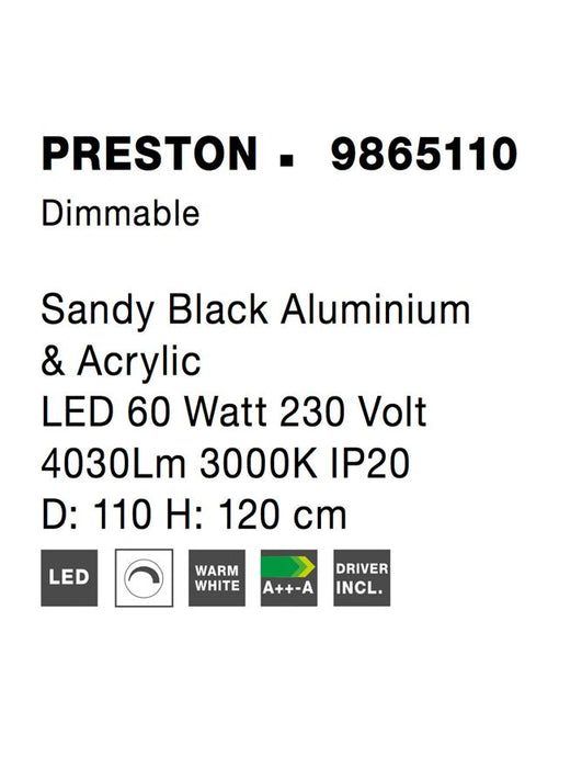 PRESTON Dimmable Sandy Black Aluminium & Acrylic LED 60 Watt 230 Volt 4030Lm 3000K IP20 D: 110 H1: 4 H 2: 120 cm