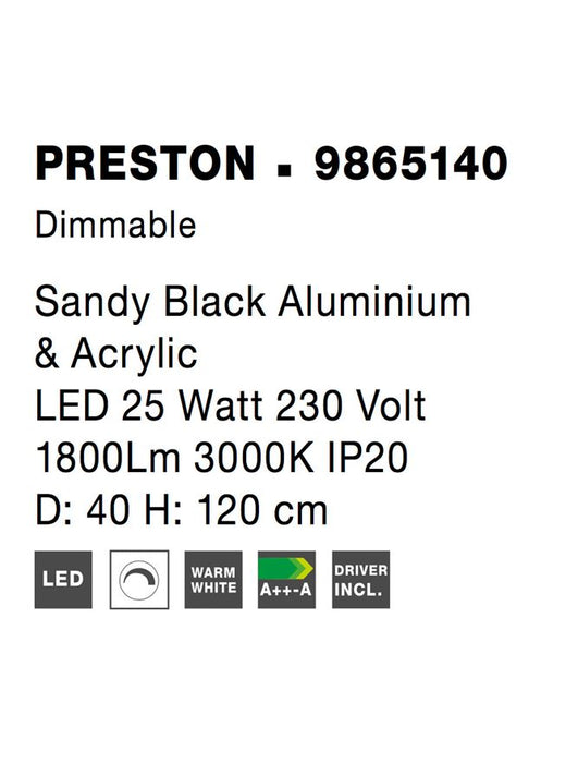 PRESTON Dimmable Sandy Black Aluminium & Acrylic LED 25 Watt 230 Volt 1800Lm 3000K IP20 40 D: 40 H1: 4 H2: 120 cm