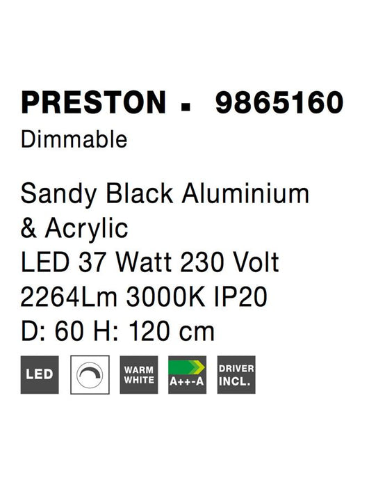 PRESTON Dimmable Sandy Black Aluminium & Acrylic LED 37 Watt 230 Volt 2264Lm 3000K IP20 D: 60 H1: 4 H 2: 120 cm