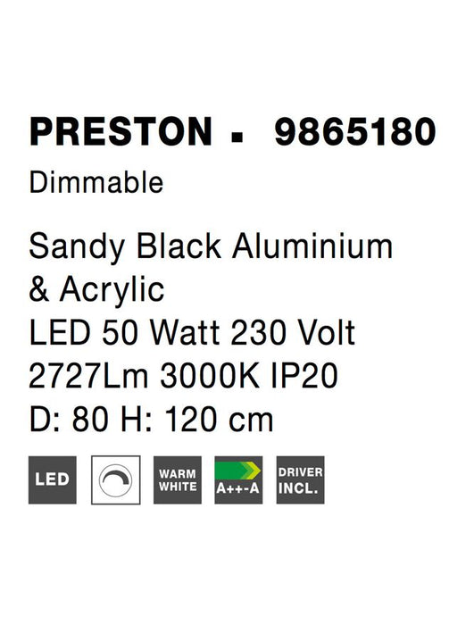 PRESTON Dimmable Sandy Black Aluminium & Acrylic LED 50 Watt 230 Volt 2727Lm 3000K IP20 D: 80 H1: 4 H 2: 120 cm