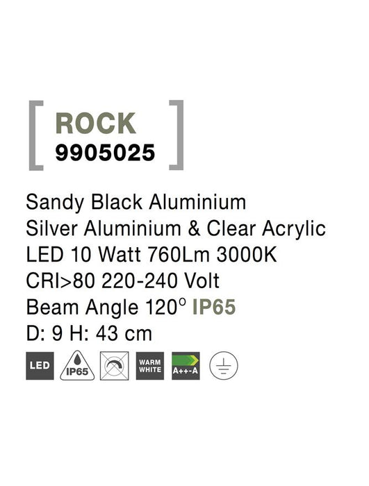 ROCK Sandy Black Aluminium Silver Aluminium & Clear Acrylic LED 10 Watt 760Lm 3000K CRI>80 220-240 Volt Beam Angle 120° IP65 D: 9 H: 43 cm