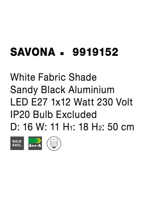 SAVONA Sandy Black Aluminium LED E27 1x12 Watt 230 Volt IP20 Bulb Excluded D: 16 W: 11 H1: 18 H2: 50 cm