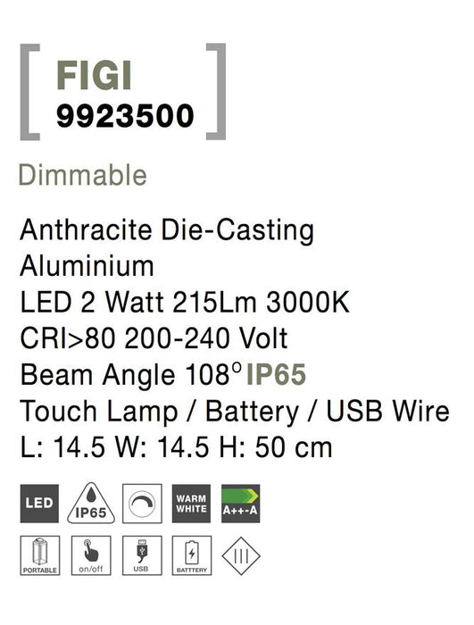 FIGI Anthracite Die-Casting Aluminium LED 2 Watt 215Lm 3000K CRI>80 200-240 Volt Beam Angle 108O IP65 Touch Lamp / Battery / USB Wire L: 14.5 W: 14.5 H: 50 cm