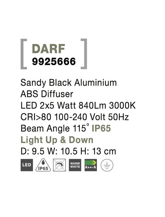 DARF Sandy Black Aluminium ABS Diffuser LED 2x5 Watt 840Lm 3000K CRI>80 100-240 Volt 50Hz Beam Angle 115° IP65 Light Up & Down D: 9.5 W: 10.5 H: 13 cm