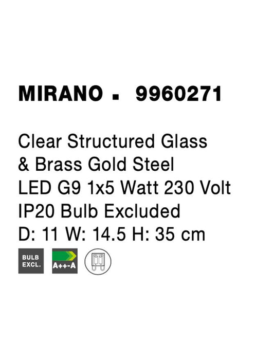 MIRANO Clear Structured Glass & Brass Gold LED G9 1x5 Watt 230 Volt IP20 Bulb Excluded L: 14.5 W: 14.5 H: 35 cm