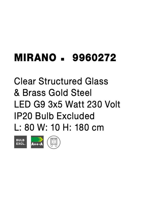 MIRANO Clear Structured Glass & Brass Gold LED G9 3x5 Watt 230 Volt IP20 Bulb Excluded L: 80 W: 10 H: 180 cm