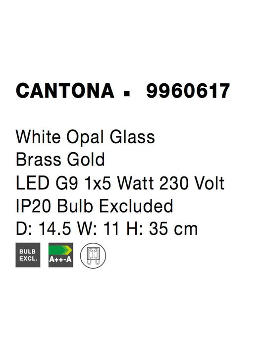CANTONA White Opal Glass Brass Gold LED G9 1x5 Watt 230 Volt IP20 Bulb Excluded D: 14.5 W: 11 H: 35 cm