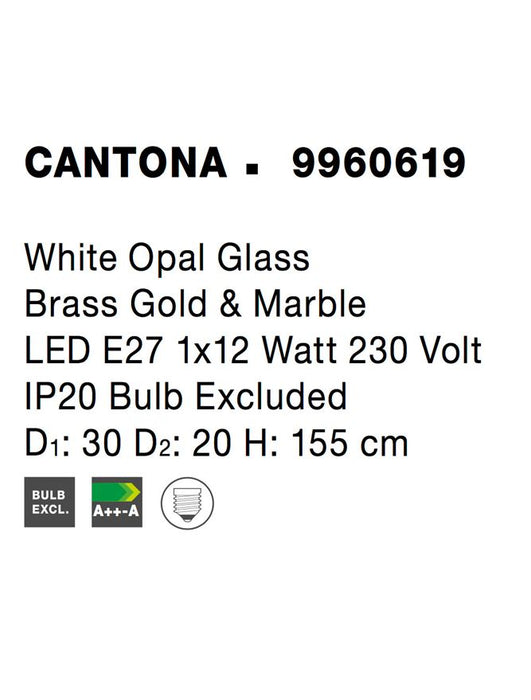 CANTONA White Opal Glass Brass Gold & Marble LED E27 1x12 Watt 230 Volt IP20 Bulb Excluded D1: 30 D2: 20 H: 155 cm