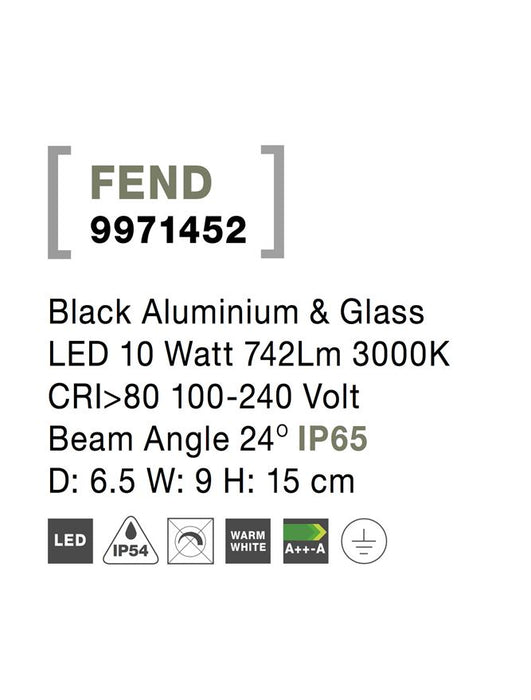FEND Black Aluminium & Glass LED 10 Watt 742Lm 3000K CRI>80 100-240 Volt Beam Angle 24° IP65
D: 6.5 W: 9 H: 15 cm