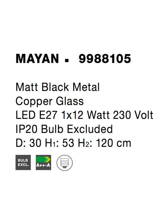 MAYAN Matt Black Metal Copper Glass LED E27 1x12 Watt 230 Volt IP20 Bulb Excluded D: 30 H1: 53 H2: 120 cm