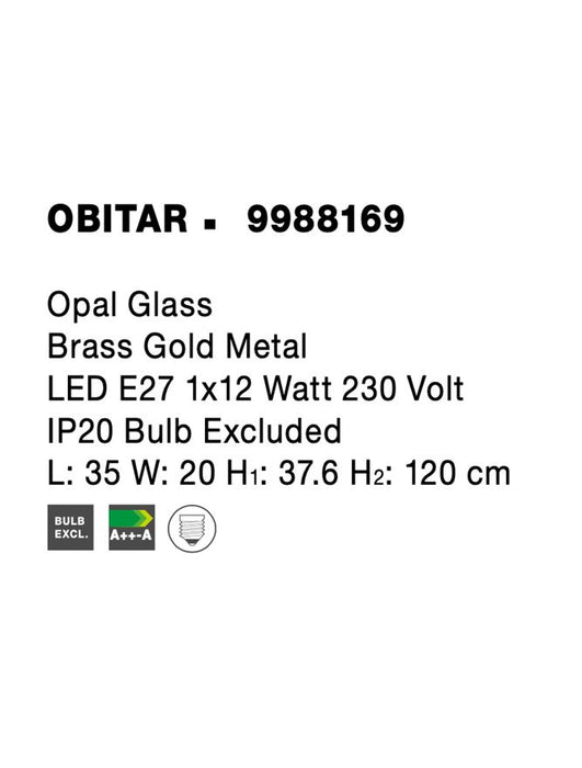 OBITAR Opal Glass Brass Gold Metal LED E27 1x12 Watt 230 Volt IP20 Bulb Excluded L: 35 W: 20 H1: 37.6 H2: 120 cm