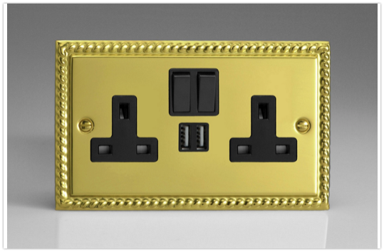 2-Gang 13A Single Pole Switched Socket + 2x5V DC 2100mA USB Charging Ports